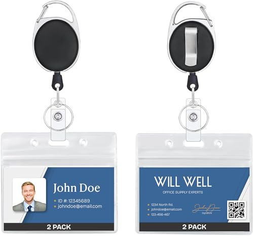 2er Pack Ausweishalter mit Clip – Ausweisjojo ausziehbar – Transparente Ausweishülle zum Einstecken – Horizontale Ausweishalterung mit Karabiner – Ausweishalter mit 24 Ausziehband