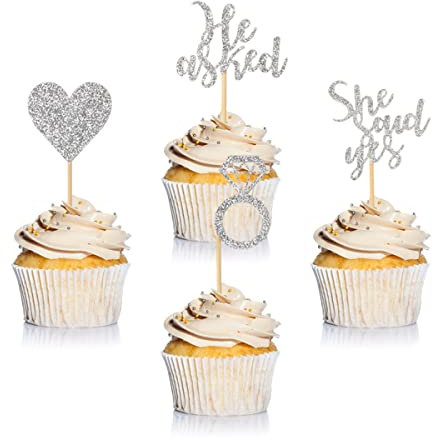 Donoter 24 Stück Silber Glitzer Verlobung Cupcake Topper He Asked She Said Yes Diamant Ring Herz Cupcake Picks für Hochzeit Brautdusche Party Kuchen Dekorationen