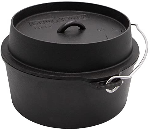 Grillfürst Dutch Oven ca. 7,5 Liter - stabil stehender Feuertopf mit flachem Boden ohne Füße, hitzebeständiger Gusseisen Topf, Deckel als Pfanne nutzbar, rund, DO 7,5