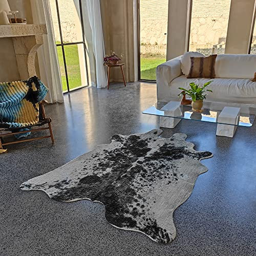 rugoo Alfombra de piel de vaca sintética con estampado de vaca en blanco y negro, 1.4 m x 1.8 m, alfombra de piel sintética para sala de estar, dormitorio, guardería