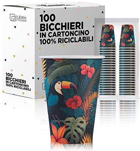 cubex professional Vasos de papel desechables 200 ml 7 oz 100% Made in Italy para agua y bebidas calientes y frías ecológicas compostables y biodegradables de diseño (Amazonas, 100)