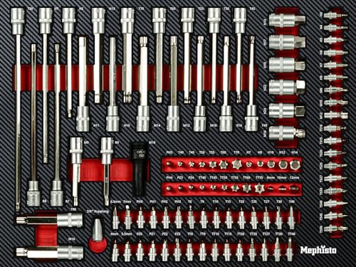 Mephisto Werkzeugeinlage Pro Line Steckschlüssel- und Bitsatz | Werkzeug Set Werkstattwageneinlage, Steckschlüsseleinsatz für Schlagschrauber in Soft Inlay in Carbonoptik