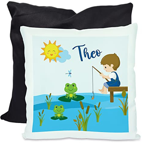 CreaDesign, Kinder Kissen 40x40 cm personalisiert mit Namen, Kinderzimmer Deko Kissen Kinder mit Füllung Federn, Motiv Froschteich, Rückenfarbe Schwarz