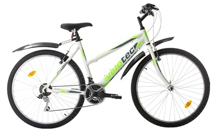 Multibrand Velotec 6th SENSE 26 tum Mountainbike i aluminium, 18 växlar, V-broms, flick- & damcykel, lämplig för 150–175 cm (Vit med grön och grå)