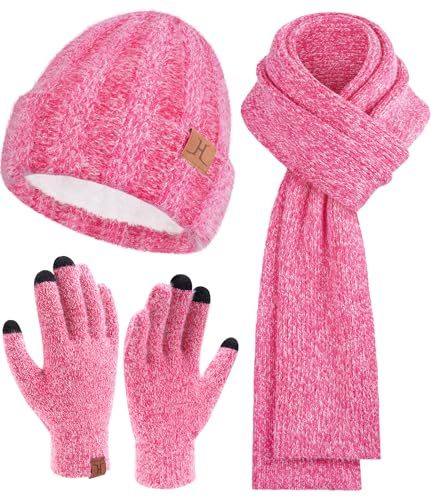 Womens Winter Warm Knit Beanie Hat Touchscreen Gloves Long Neck Scarf Set with Fleece Lined Skull Caps Gifts for Women