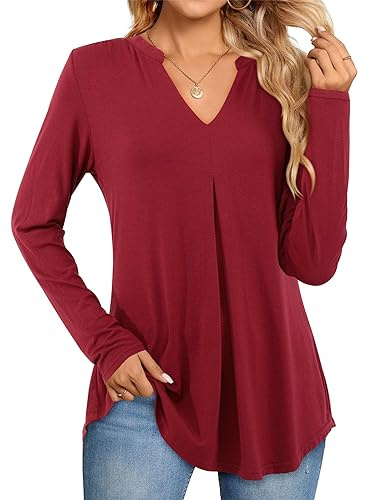 Beluring T-Shirt Damen Winter Langarm Basic Tunika Bluse Elegant V-Ausschnitt Longshirt Weinrot XL