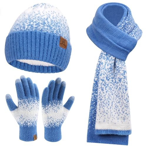Damen Winter Warm Mütze Touchscreen Handschuhe und Lang Schal Set mit Fleece Gefütterte, Thermo Wintermütze Strickmütze Beanie Winterhandschuhe Strickhandschuhe Schals, Denim Blau Weiß