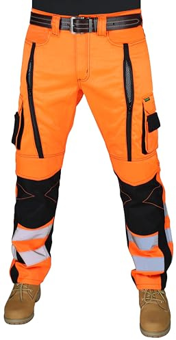 RAK Pantalon de travail pour homme Sécurité Pantalon avec bande réfléchissante haute visibilité devant Grande fermeture éclair pour la ventilation Poches genouillères en Cordura Coutures triples Multi