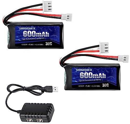 URGENEX FCX24 Akku 7.4V 600mAh 30C Lipo Battery with Molex Plug Fit for FMS FCX24 Atlas RC Car, Truck, Truggy 2S Rechargeable Li-Po Battery 2 Pack with 1 to 2 USB Charger