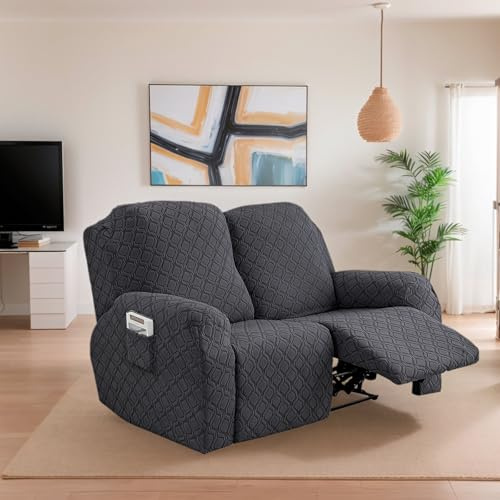 OKUYUK Recliner Chair Cover, 6-Pieces Stretch Recliner Covers for Recliner Chair Soft Reclining Chair Slipcover Furniture Protector for Dogs Cats (Dark Gray, 2 Seater)
