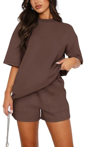 REORIA Women Cotton Short Sleeve Tracksuit Set Crew Neck Solid Color Shirt and Shorts with two Pockets two piece Outfit co ord Sets Coffee S