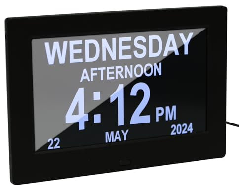 Calendario digitale da 7 pollici, orologio per anziani e orologio digitale, calendario elettronico da parete, calendario sveglia per anziani e malati di demenza (ad esempio Alzheimer) con 12