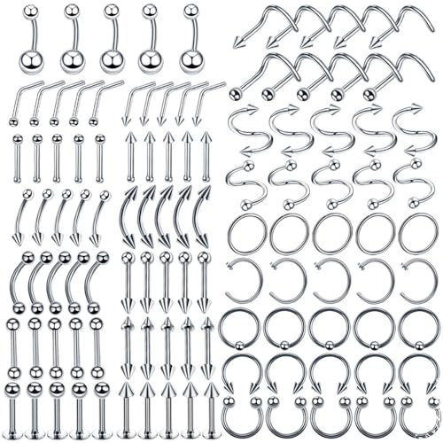 Tolldek 110er Edelstahl Nasen Piercing Stechen Set, Silber Stud L C Nasenstecker, Piercing Nostril, Ohr Lippe Nase Zunge Augenbrauen Piercing für Herren Damen