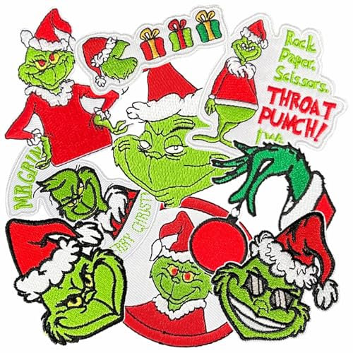 WEUOPG 9 x Weihnachts-Bügelbilder, bestickte Aufnäher zum Aufnähen und Reparieren von T-Shirts, Hüten, Rucksäcken, Kleidung, Aufnähen / Aufbügeln, Applikation für Weihnachtsdekoration, DIY-Zubehör