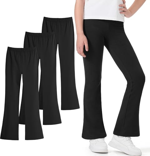 Auranso Girls Flared Leggings Kids Cotton Dance Yoga Bell Bottoms Athletic Pants, Black, 7-8 Years