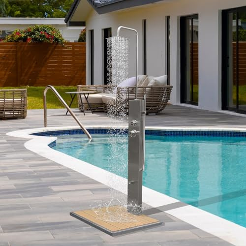 Probility Gartendusche gebürstetem Edelstahl 304, mit Einhebelmischer, Überkopfdusche, Fußdusche und Handbrause, mit WPC-Bodenplatte für Garten, Pool und Außenbereich