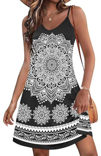 GRMLRPT Leichtes Sommerkleid Damen Kurze Boho Trägerkleid mit Paisley Muster Ärmelloses A-Linie Kleider mit Taschen Strandkleidung für Urlaub und Freizeit(Schwarz,XXL)