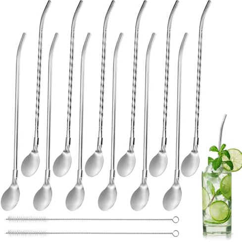PXBSNB 12 Stück Trinkhalme Edelstahl mit Löffel, Edelstahl Strohhalm Wiederverwendbar, 2 In 1 Strohhalme Löffel mit 2 Reinigungsbürste, Metallstrohhalme für Smoothies Milchshakes Cocktail Kaffee