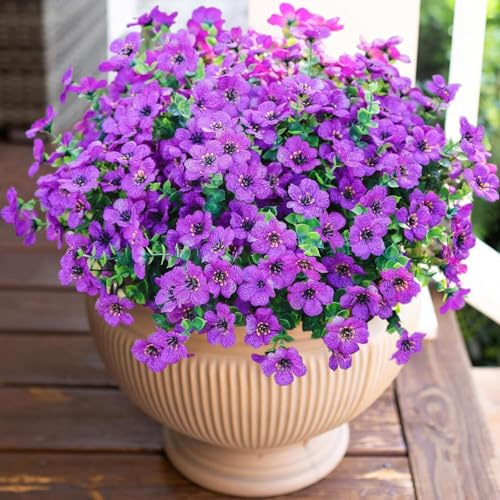 Laelfe 12 Paquets Fleurs Artificielles Extérieures, Résistante aux UV Fausses Violette Plantes pour Exterieur Jardin Balcon Véranda Fenêtre Portique Patio Décoration (Violet)