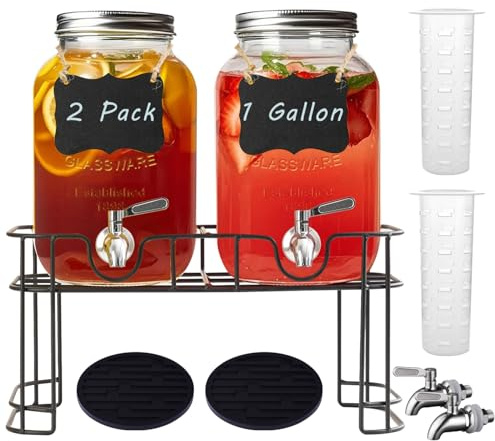 Ltzmcmy 1 Gallon Glass Drink Dispensers for Parties,2 Pack Beverage Dispenser with Stand and Stainless Steel Spigot,Glass Water Lemonade Dispenser with Ice Cylinder for Party Drink,Iced Tea,Kombucha