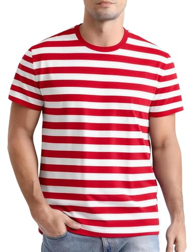 Funny World Red and White Striped Shirt Men Tee, Red & White, 4X-Large | Breathable cotton fabric, Short sleeve top, Daily wear, Casual wear, Rib collar, Double Needle Coverstitch