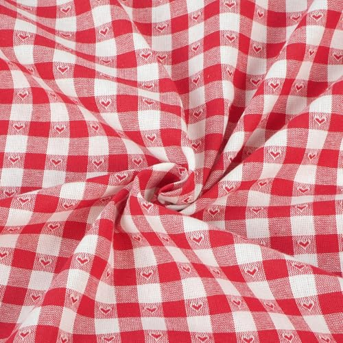 Karo Stoff Rot Weiß Herzen – Baumwollstoff kariert 145 cm breit, Stoff Meterware Rot kariert mit Herzen, Landhausstil & Trachten