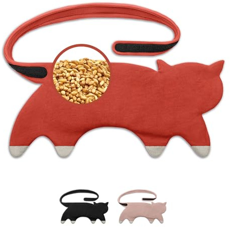 LESCHI 10-Chamber Wheat Bag for Microwave, Washable - Grain Pillow Made of 100% Organic Cotton & Organic Wheat - Ideal Natural Relief for Stomach and Period Pain - Cat, Red