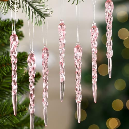 HERZONE 36pcs Christbaumschmuck eiszapfen Anhänger Acryl Weihnachtsanhänger Christsbaumschmuck Weihnachten Deko für Weihnachtsbaum (A-pink)