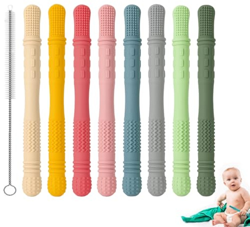 OIXYA chewy tube, anneau dentition bebe refrigerant,jouet dentition bébé,dentition bébé,machouilleur enfant, (8 pièces) anneau de dentition en silicone sans BPA, inclus brosses de nettoyage