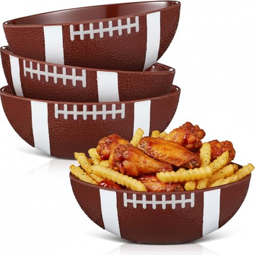 Qinyoung 4 Pack Football Shaped Serving Bowls Set 8 Inch Snack Bowls for Football Game Day Party Reusable Resin Serving Tray Dishes for Chips Popcorn Candy and Sports Themed Birthday Party Decorations