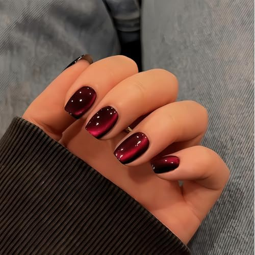 Zosutetoxo 30 pièces ongles Cat Eye courte forme carrée rouge foncé pailleté noir effet chromé ongles en gel souples réutilisables faux ongles
