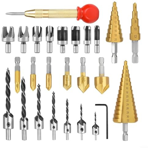 URPIZY 26-Teiliges Holzbohrer-Set Für Präzise Bohrarbeiten In Holz, PVC, Eisen Und Aluminium Mit Versenker, Stufenbohrer, Korkenschneider Und Automatischem Körner(10 piece set)