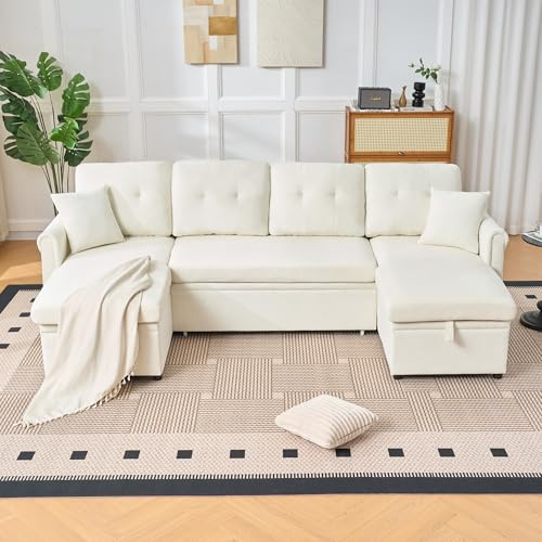 REXO Ecksofa U-Form mit Schlaffunktion und Bettkasten, Großes Chenille Schlafsofa mit extra Stauraum für Wohnzimmer oder Gästezimmer, Bequeme Couch,Big Sofa, Beige