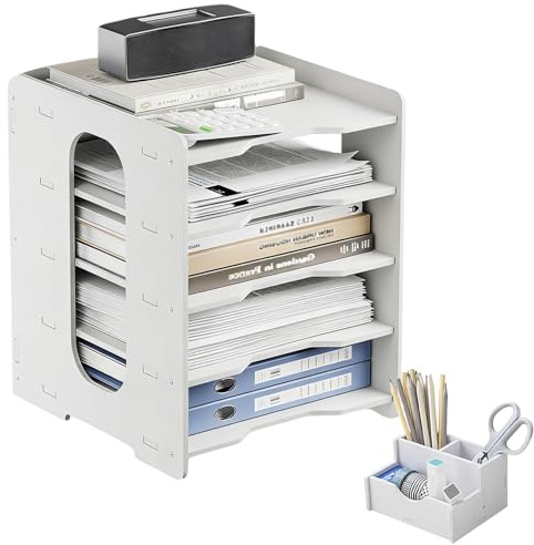 Exquilnova 5-Tier Schreibtisch Organizer A4, Dokumentenablage A4 mit Stiftehalter, Weiß Ablagefächer Schreibtisch, Papierablage, Briefablage Stapelbar für Büro Schule Zuhause, Schreibtischzubehör