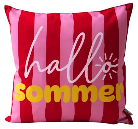 CB Home & Style Outdoorkissen Gartenkissen Wasserabweisend Wasserfest mit Streifen Hallo Sommer Bella Ciao La Dolce vita 45x45cm mit Füllung (Rot/Pink - Hallo Sommer)
