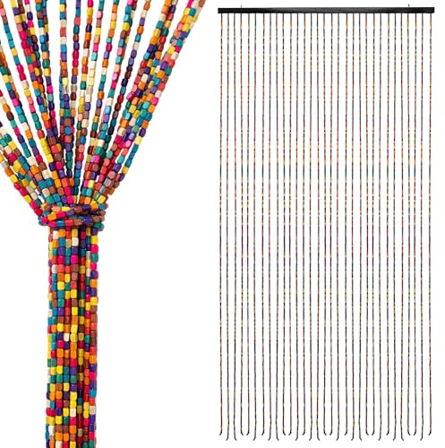 31 trådar träpärlgardin dörr 180 x 90 cm - flerfärgad - retro pärlgardin i boho chic stil - gardin med träpärlor, myggnät, rumsdelare, dekoration för