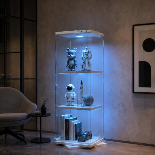 Stående glasvitrinskåp med LED-belysning, vit (vit, 1 dörr 3 våningar) | Vitrinskåp glas modernt samlarvitrinskåp glas LED 3 våningar stående vitrinskåp vardagsrum hörnvitringlas, 360° vridbar