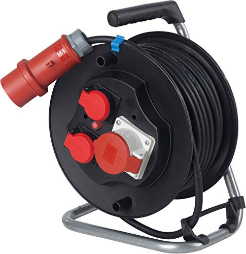 as - Schwabe CEE Kunststoffkabeltrommel 20m H05VV-F 5G1,5 mit CEE Stecker 400V, 2 Schutzkontaktsteckdosen 230V, 1 CEE Dose 400V, mit Deckeln, 16A, 5-polig, max. 10000W, IP20, Made in Germany, 10145