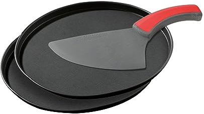 Zenker 7513 Pizzaset 3-teilig, Pizzableche & Schneidheber, Pizzablech rund (Ø 29 cm) antihaft, inkl. Pizzaschneider und Heber in einem, für Pizza & Flammkuchen, Schwarz