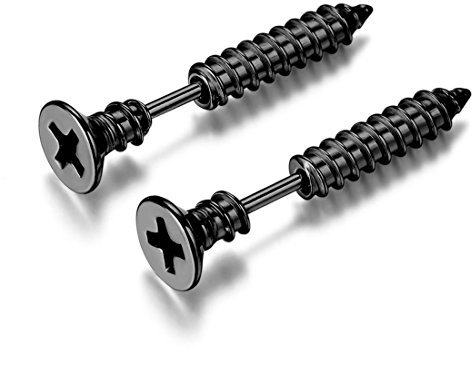 JewelryWe Schmuck Hip Hop FAKE PLUG Edelstahl OHRRINGE SCHRAUBE Ohrstecker Screw Punk Rock Stil Ohrschmuck Schwarz ein Paar