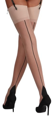 Yummy Bee - Silky Calze per Reggicalze Donna - Calze Velate con Cuciture Posteriori e Tacco Cubano - Taglia Forte 36-46 (Nudo/Nero, L)