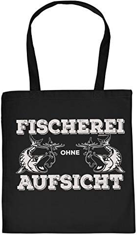 Angler-Sprüche Geschenktasche - Baumwolltasche Angeln Motiv : Fischerei ohne Aufsicht - Einkaufstasche Angelsport Stofftasche - Farbe : Schwarz