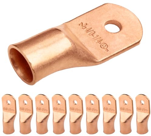 SELTERM 4/0 AWG (95 mm²) - 1/4 (M6) ⌀ Hole UL Heavy Duty Wire Lugs, Battery Cable Ends, Bare Copper Eyelets, Tubular Ring Terminal Connectors [B115] - 10 Pack