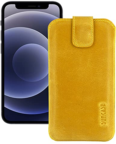 Suncase Etui Tasche kompatibel mit Apple iPhone 12 mini (5.4) mit ZUSÄTZLICHER Hülle/Schale/Bumper/Silikon *Lasche mit Rückzugfunktion* Handytasche Ledertasche Schutzhülle Case in antik-senfgelb