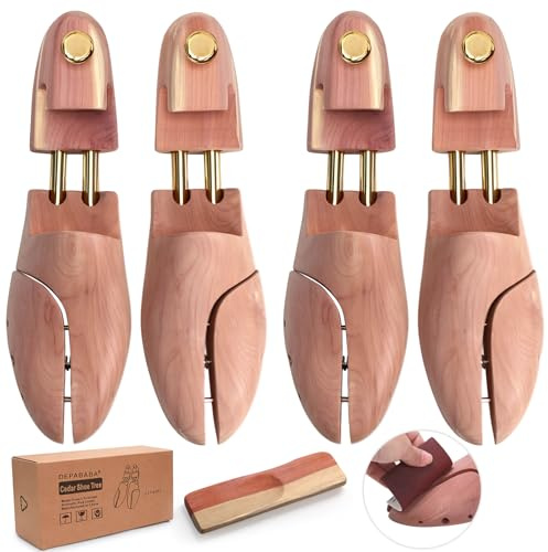 DEPABABA Cedar Shoe Trees for Men, Adjustable Wood Shoe Tree with Twin Tube, 2 Pairs of Shoe Stretcher Tree, 7–14 Size Red Cedar Shoe Accessories for Sneakers, Boots (Small(Fits Shoe Size 7-8.5))