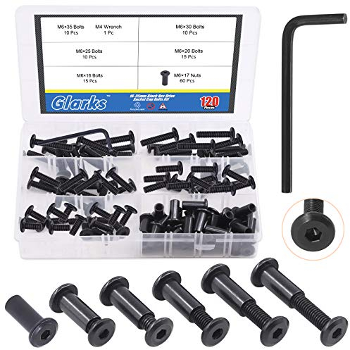 Glarks 121Pcs M6x16/ 20/25/ 30/ 35mm Black Hex Drive Socket Cap Bolts Kit, Allen Head Countsunk Furniture Crib Bolts Nuts Screws for Chair Table Cabinets