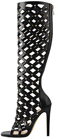 Only maker Women's Mesh Fishnet Knee High Booties Calf Zipper Stiletto Sandals Boots Cut Out Retro Studded Spikes Over The Knee High Boots Zipper Heels Black Size 5
