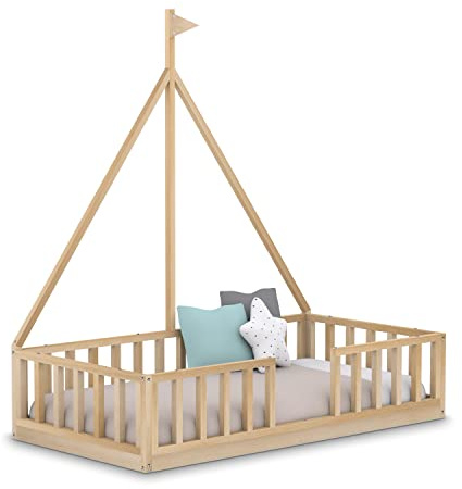 Cama Infantil Barco Tipo Montessori, con Somier y Barrera Barandilla, en Madera Natural, 90 x190 cm