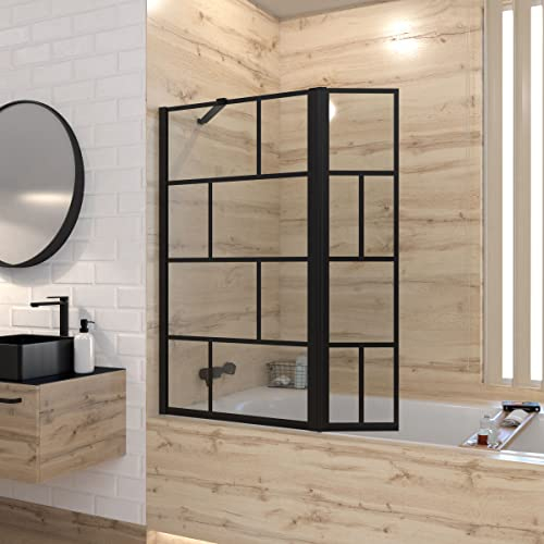 Pare baignoire avec volet pivotant - profile noir mat - 130x104 (HxL) - verre 5mm sérigraphié