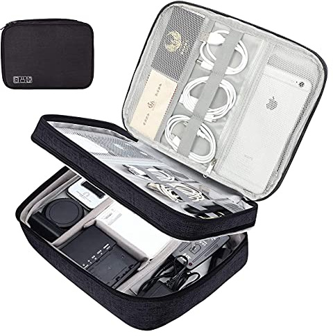 Bolsa de Viaje Cable Organizador, Bolsa de Almacenamiento de Accesorios Electrónicos de Doble Capa, Bolsa Universal de Viaje para Cables USB, Cargadorratón Disco Duro Bolsillo Negro
